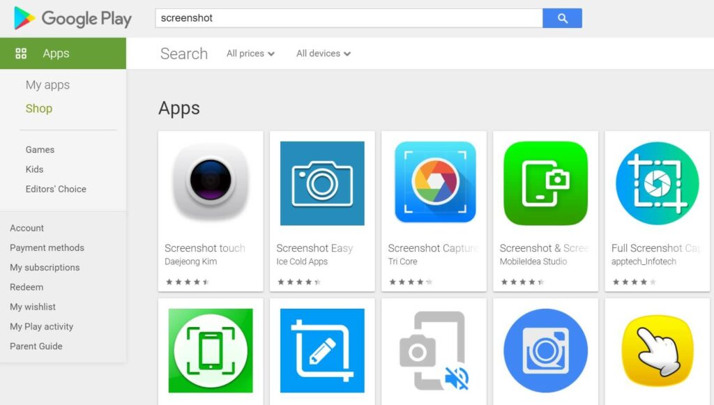 using google play store app to take screen shot in Samsung tablet